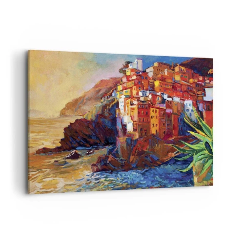 Impression sur toile - Image sur toile - Maisons colorées sur une falaise au-dessus de la mer - 100x70cm - Climats italien - Décoration murale moderne pour le salon et la chambre ARTTOR