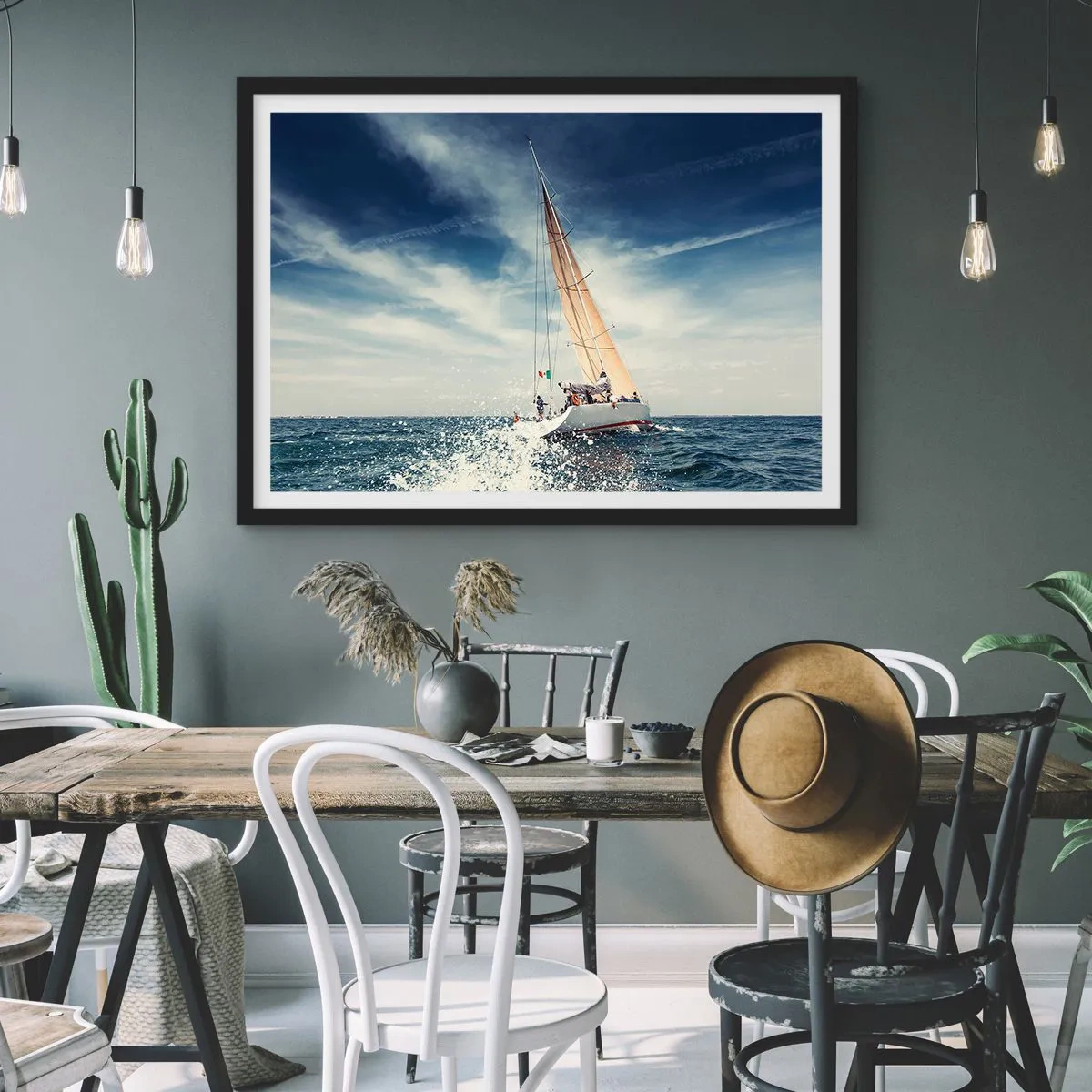 Affiche dans un cadre noir - Poster - Un voilier sur une mer agitée sous un ciel bleu - 100x70cm - Ils ne nous rattraperont pas ! - Décoration murale moderne pour le salon et la chambre ARTTOR