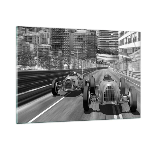 Impression sur verre - Image sur verre - Course automobile historique en noir et blanc - 120x80cm - Il y a longtemps à Monté Carlo - Décoration murale moderne pour le salon et la chambre ARTTOR