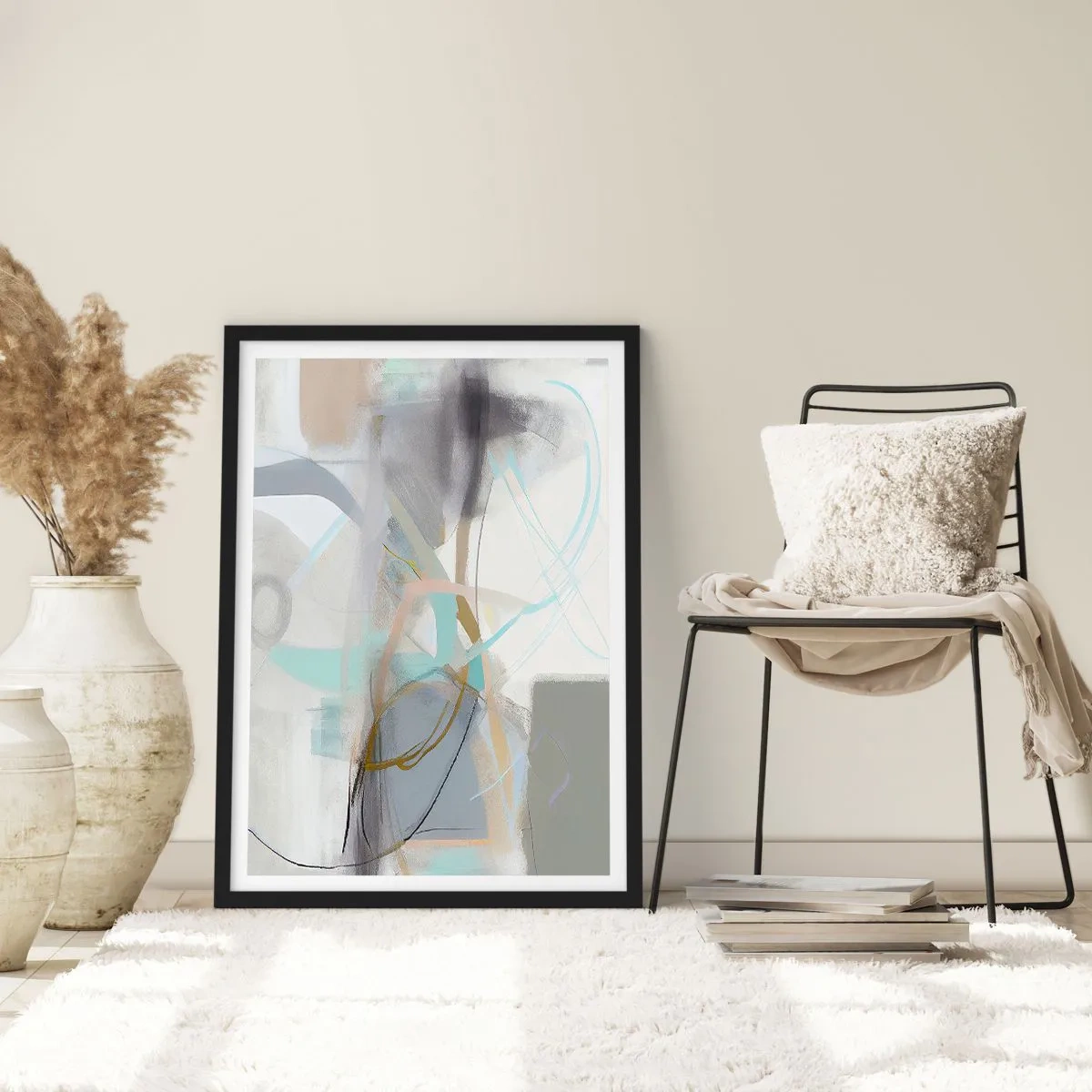 Affiche dans un cadre noir - Poster - Abstraction subtile dans les tons de gris et de bleu - 50x70cm - Abstraction brumeuse - Décoration murale moderne pour le salon et la chambre ARTTOR