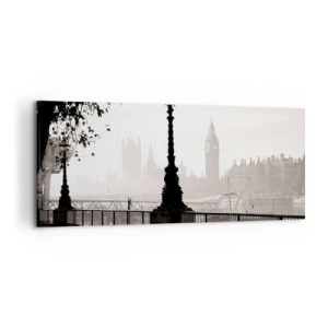 Impression sur toile - Image sur toile - Une vue monochrome de Big Ben et de la Tamise. - 120x50cm - Un matin londonien - Décoration murale moderne pour le salon et la chambre ARTTOR