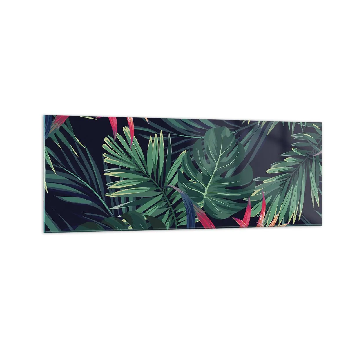 Impression sur verre - Image sur verre - Feuilles et fleurs tropicales sur fond sombre - 140x50cm - immergé dans la nature - Décoration murale moderne pour le salon et la chambre ARTTOR