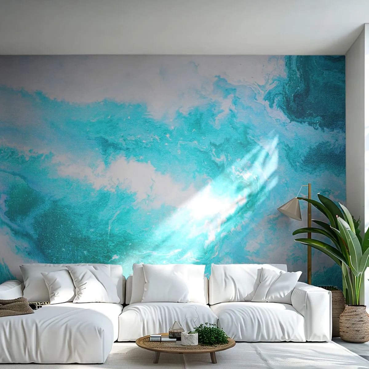 Papier Peint Photo Standard Eco - Une composition abstraite dans des tons turquoise et blanc. - 100x70cm - Au coeur de l'élément - Décoration murale moderne pour le salon et la chambre ARTTOR