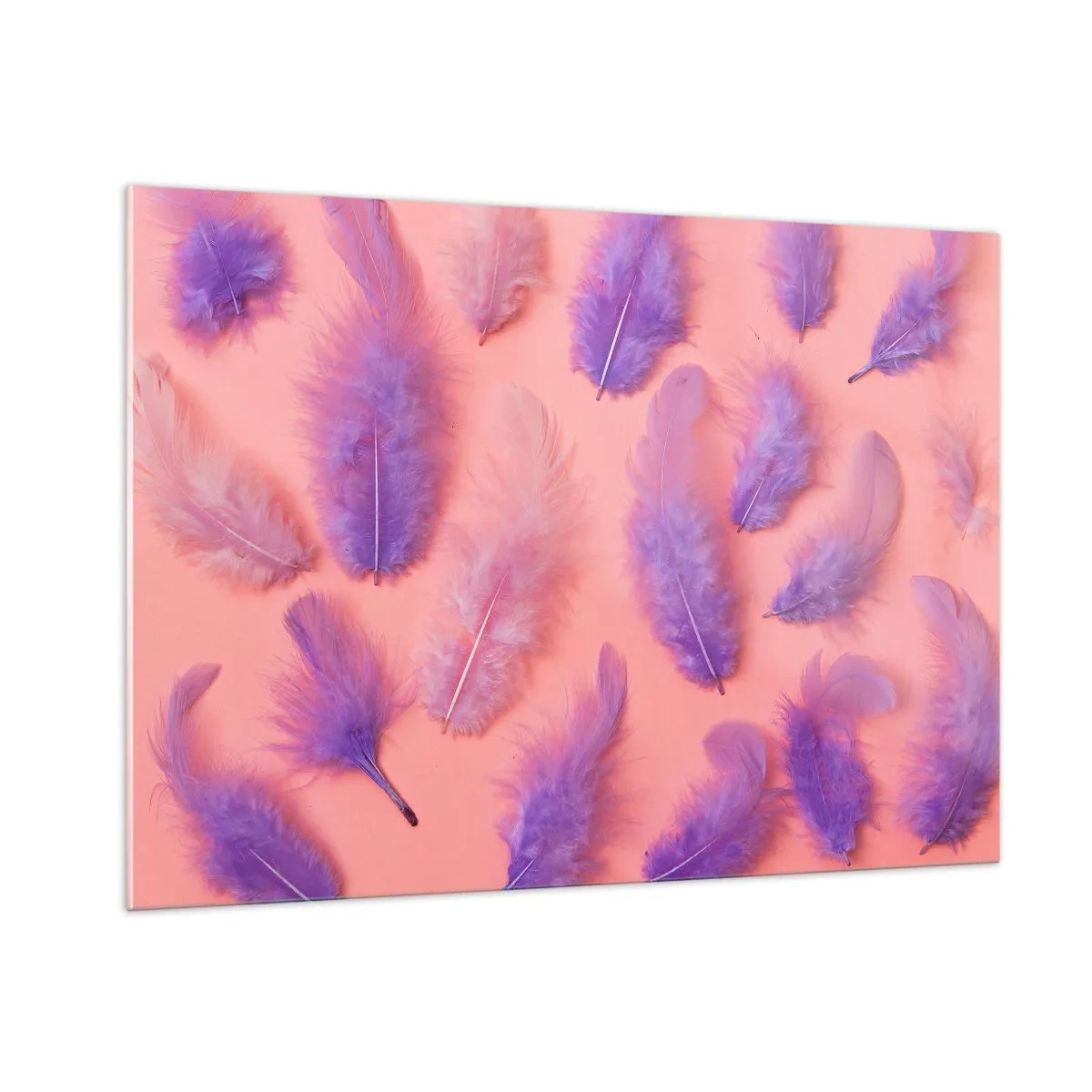 Impression sur verre - Image sur verre - Plumes violettes sur fond rose dans une composition délicate - 100x70cm - Oiseau de désir lilas - Décoration murale moderne pour le salon et la chambre ARTTOR