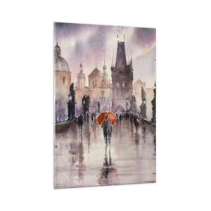 Impression sur verre - Image sur verre - Vue romantique d'un pont avec un parapluie sur fond de ville en soirée - 70x100cm - Les gens ne changent pas - Décoration murale moderne pour le salon et la chambre ARTTOR