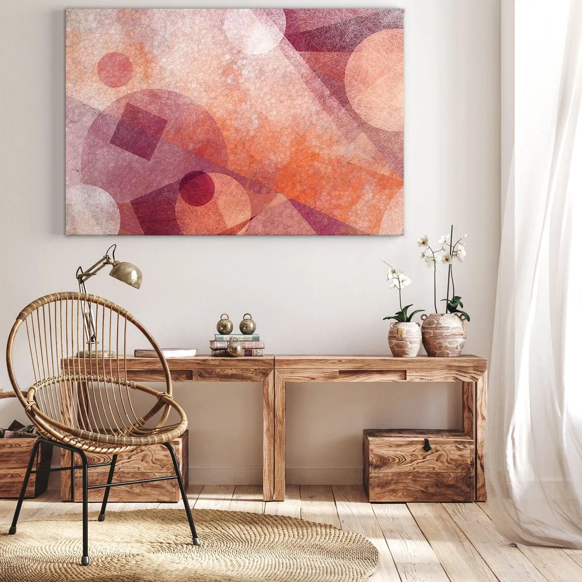 Impression sur toile - Image sur toile - Formes géométriques abstraites dans des tons pastel de rose - 70x50cm - Transformations géométriques en rose - Décoration murale moderne pour le salon et la chambre ARTTOR