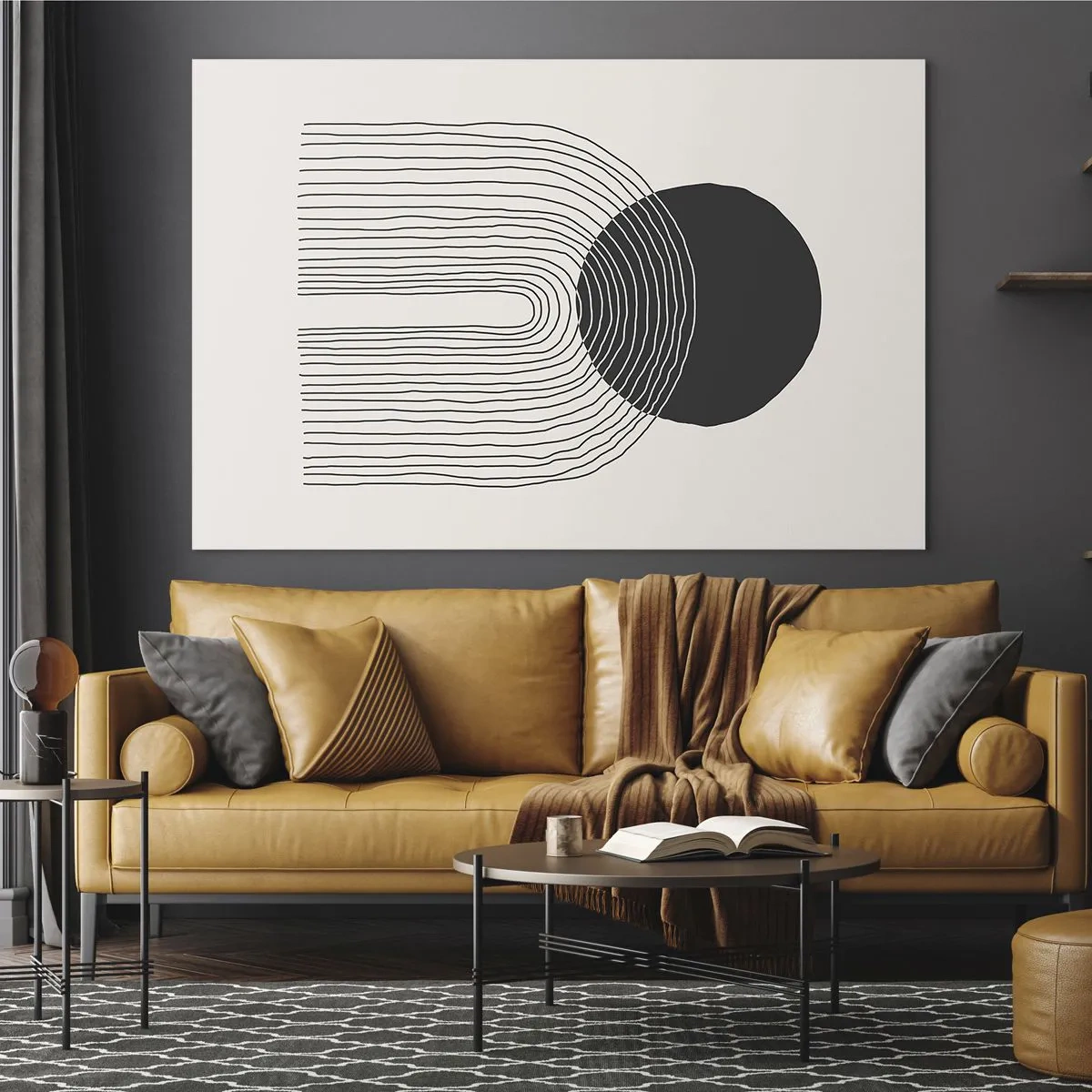 Impression sur verre - Image sur verre - Graphique minimaliste avec cercle et lignes noirs - 100x70cm - Tremblement et confiance - Décoration murale moderne pour le salon et la chambre ARTTOR