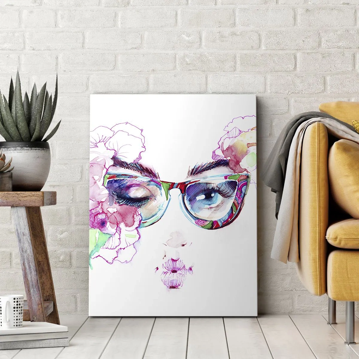 Impression sur toile - Image sur toile - Visage aquarelle avec des lunettes colorées et des fleurs - 70x100cm - Une promesse tentante - Décoration murale moderne pour le salon et la chambre ARTTOR