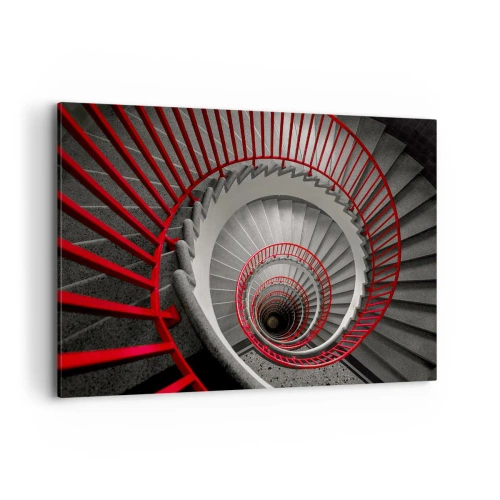 Impression sur toile - Image sur toile - Escalier en colimaçon avec rampes rouges dans une perspective dynamique - 120x80cm - Amusement architectural - Décoration murale moderne pour le salon et la chambre ARTTOR