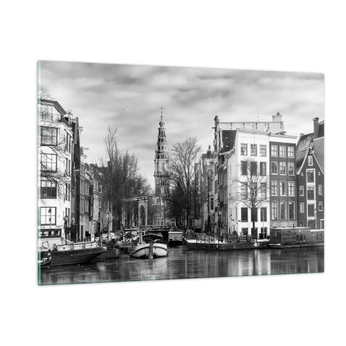 Impression sur verre - Image sur verre - Vue en noir et blanc d'un canal à Amsterdam - 120x80cm - Climat d'Amsterdam - Décoration murale moderne pour le salon et la chambre ARTTOR