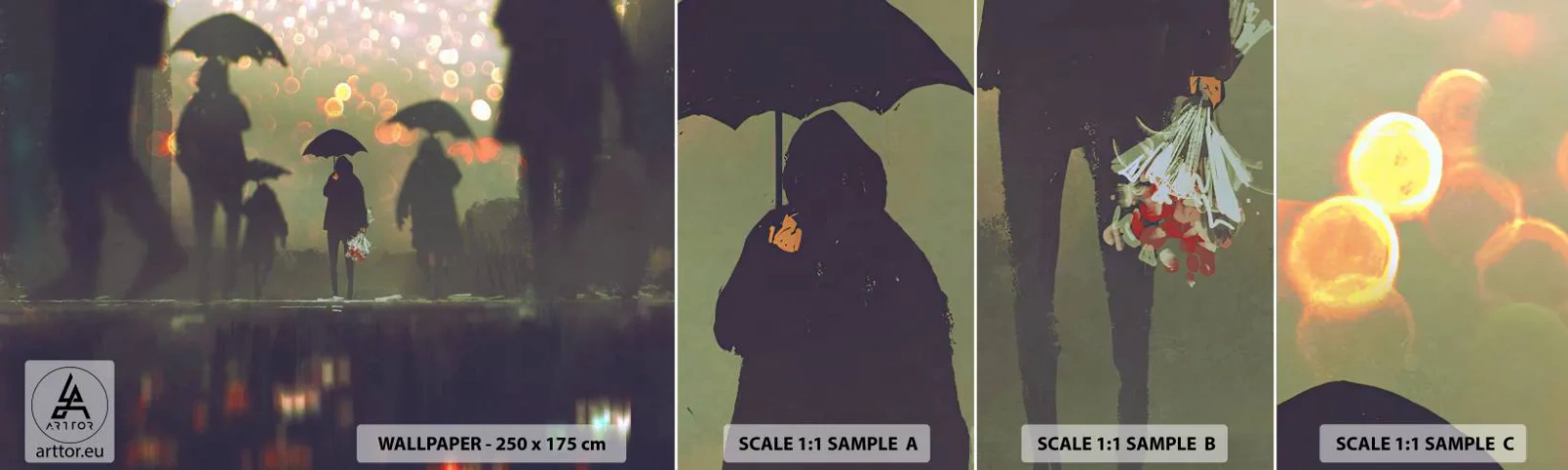 Échantillon De Papier Peint Standard Eco - Du point de vue d'une goutte de pluie - Marcher sous la pluie, Personnes, Graphique - 100x30 cm