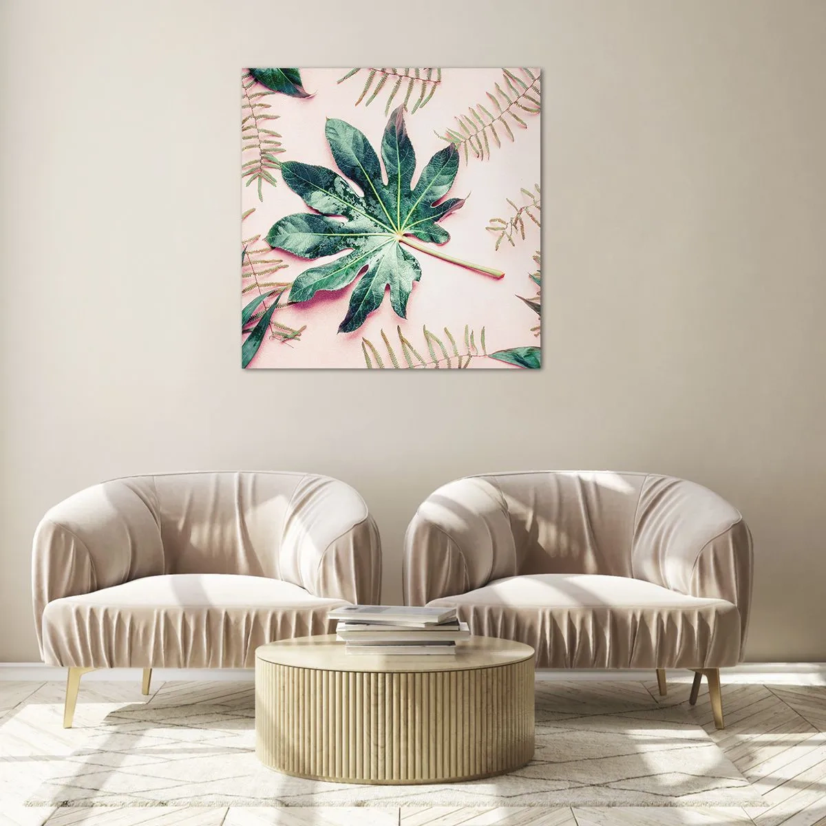 Impression sur verre - Image sur verre - Étude de verdure sur fond rose - 30x30 cm
