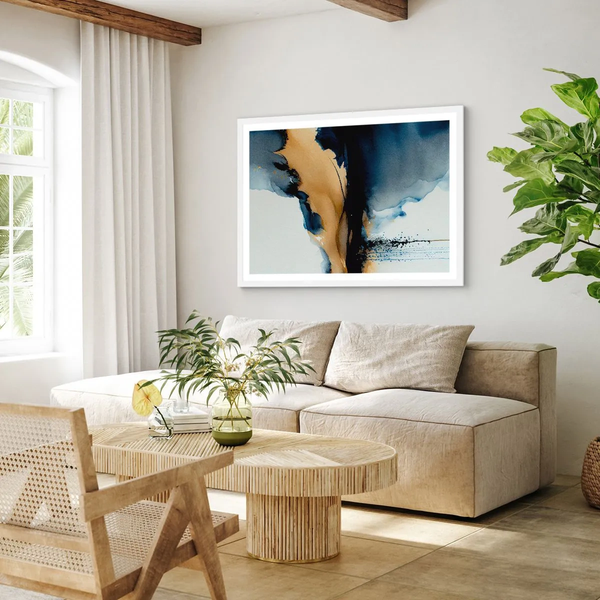 Affiche dans un cadre blanc - Poster - Derrière le rideau - 100x70 cm