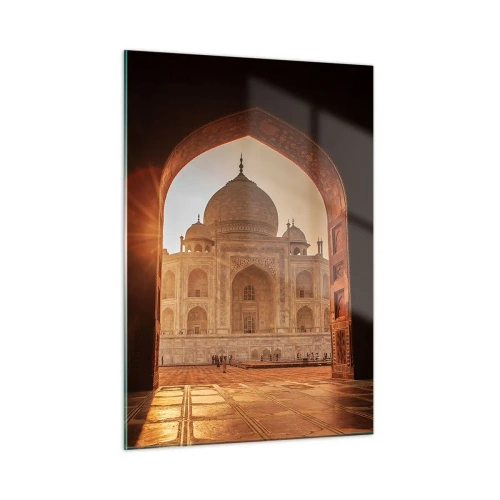 Impression sur verre - Image sur verre - Coucher de soleil sur un bâtiment monumental vu à travers une arche - 50x70cm - Un monument à l'amour surnaturel - Décoration murale moderne pour le salon et la chambre ARTTOR