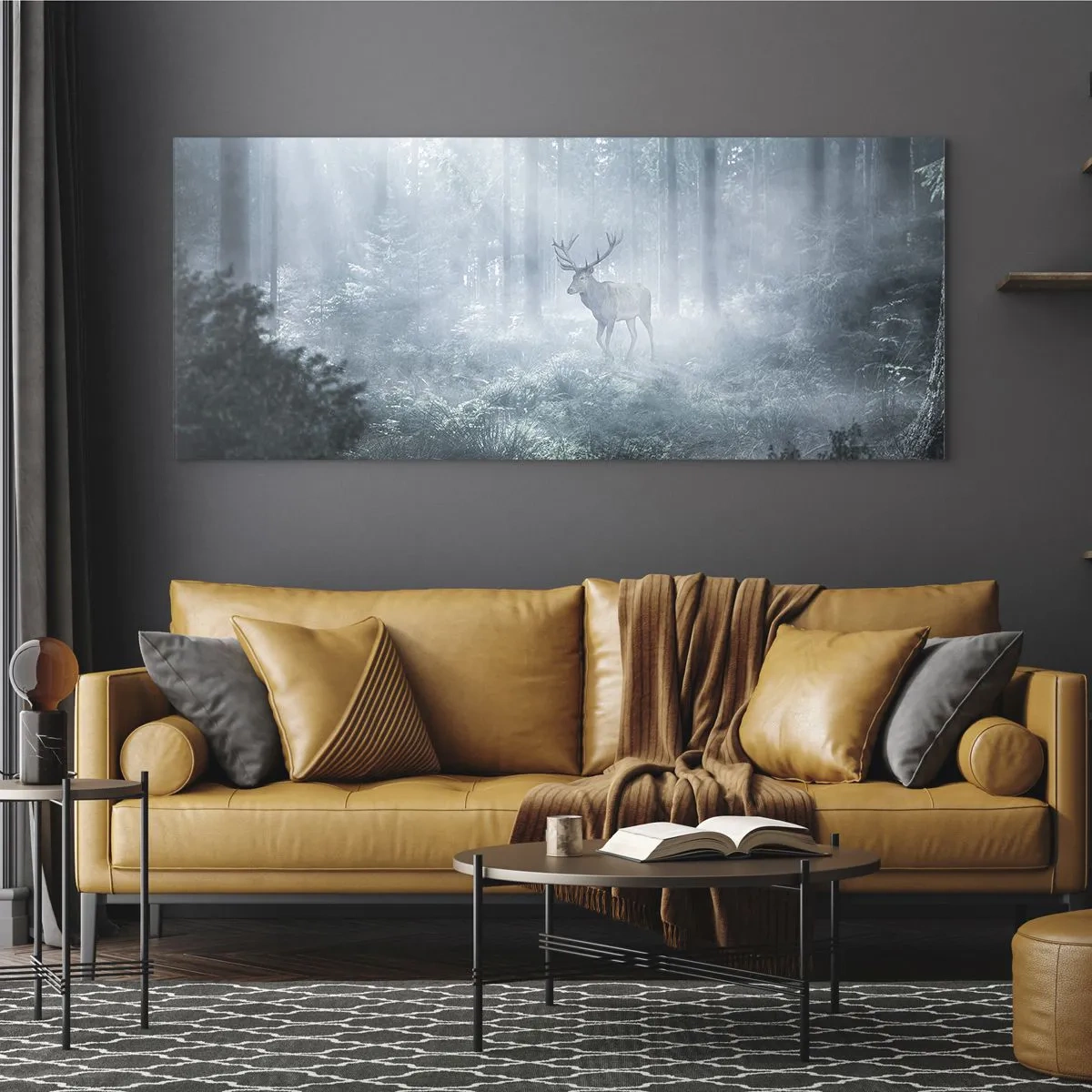 Impression sur verre - Image sur verre - Un cerf dans une forêt dense enveloppée de brume matinale - 120x50cm - Visite matinale du domaine - Décoration murale moderne pour le salon et la chambre ARTTOR
