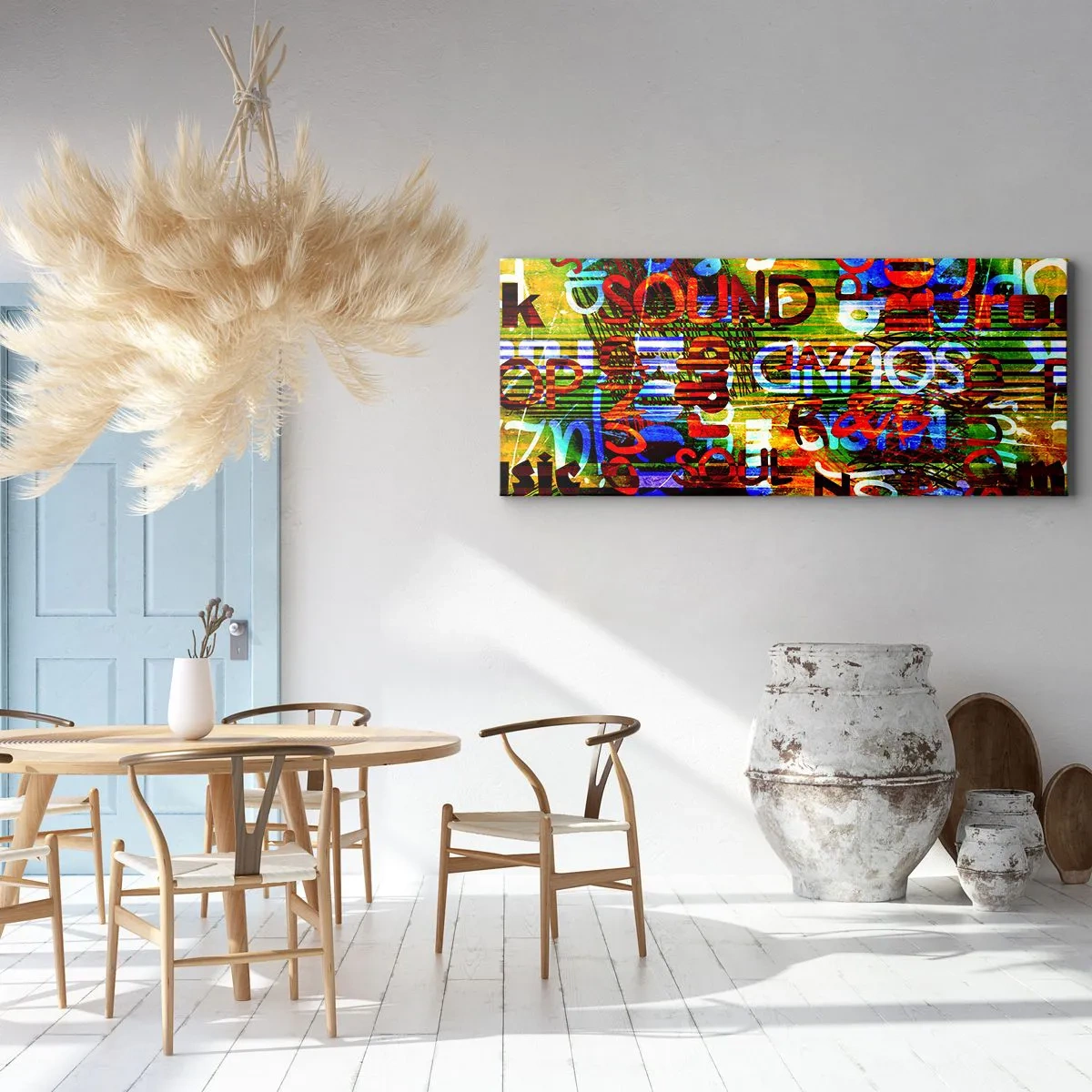 Impression sur toile - Image sur toile - Abstraction colorée avec des inscriptions musicales dans un style pop art - 140x50cm - Toutes les nuances du son - Décoration murale moderne pour le salon et la chambre ARTTOR