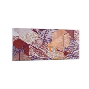 Impression sur verre - Image sur verre - Un motif décoratif de feuilles tropicales dans des tons de violet, d'orange et de beige. - 120x50cm - Relation impossible entre la géométrie et la nature - Décoration murale moderne pour le salon et la chambre ARTT