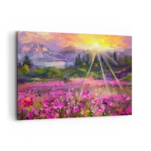 Impression sur toile - Image sur toile - Une prairie pittoresque sous les rayons du soleil couchant - 100x70cm - Dans la vallée à l'abri du soleil - Décoration murale moderne pour le salon et la chambre ARTTOR