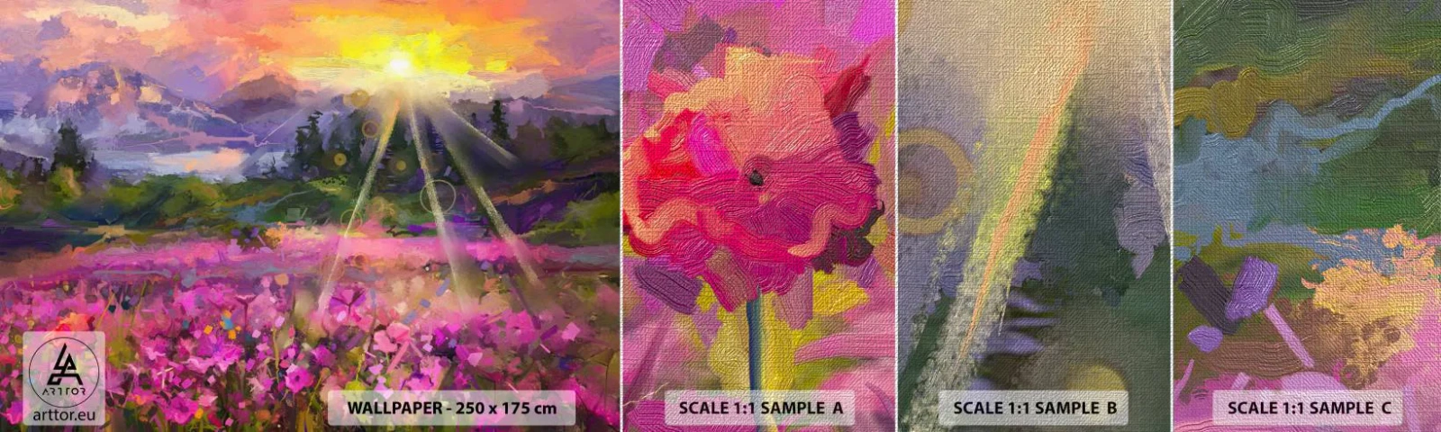 Échantillon de Papier Peint Premium Canvas - Dans la vallée à l'abri du soleil - Abstraction, Paysage, Fleurs - 100x30 cm