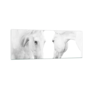Impression sur verre - Image sur verre - Un portrait minimaliste de deux chevaux blancs - 140x50cm - Serait-ce de l’amitié? - Décoration murale moderne pour le salon et la chambre ARTTOR