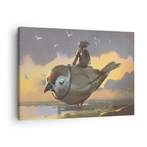 Impression sur toile - Image sur toile - Cavalier sur un oiseau géant dans un paysage surréaliste - 70x50cm - Un arrêt sur un voyage fantastique - Décoration murale moderne pour le salon et la chambre ARTTOR