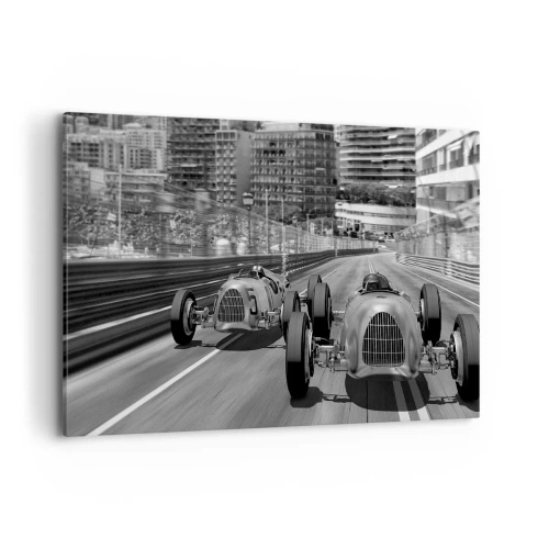 Impression sur toile - Image sur toile - Scène de course automobile rétro monochrome - 100x70cm - Il y a longtemps à Monté Carlo - Décoration murale moderne pour le salon et la chambre ARTTOR