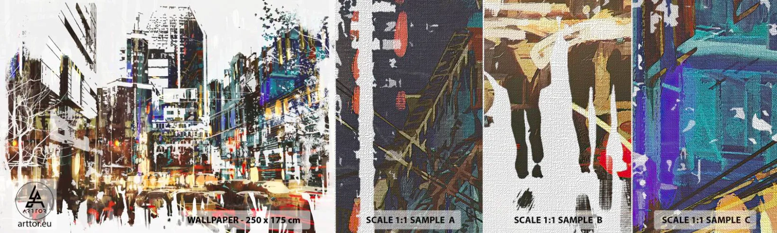 Échantillon de Papier Peint Premium Canvas - Une ville chatoyante - Ville, Architecture, Graphique - 100x30 cm