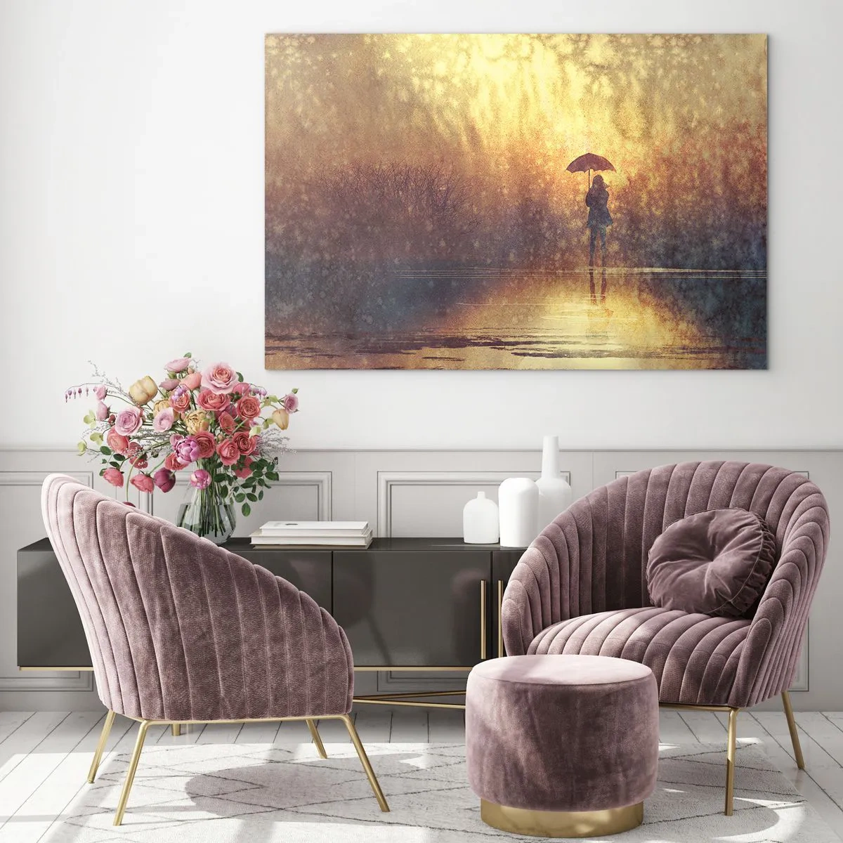 Impression sur verre - Image sur verre - Une silhouette avec un parapluie à la lumière du soleil couchant et de la pluie - 70x50cm - Je sens que quelqu'un me regarde - Décoration murale moderne pour le salon et la chambre ARTTOR