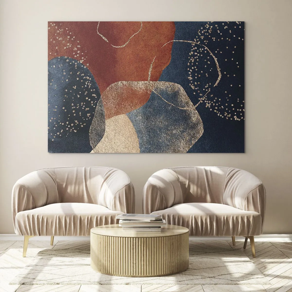 Impression sur verre - Image sur verre - Formes abstraites dans des tons bleu marine et cuivre - 70x50cm - La légèreté de l'être - Décoration murale moderne pour le salon et la chambre ARTTOR