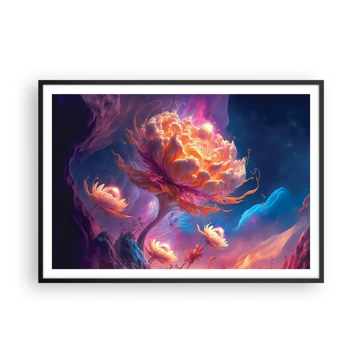 Affiche dans un cadre noir - Poster - Fleurs fantastiques dans un paysage cosmique - 100x70cm - Un autre monde - Décoration murale moderne pour le salon et la chambre ARTTOR