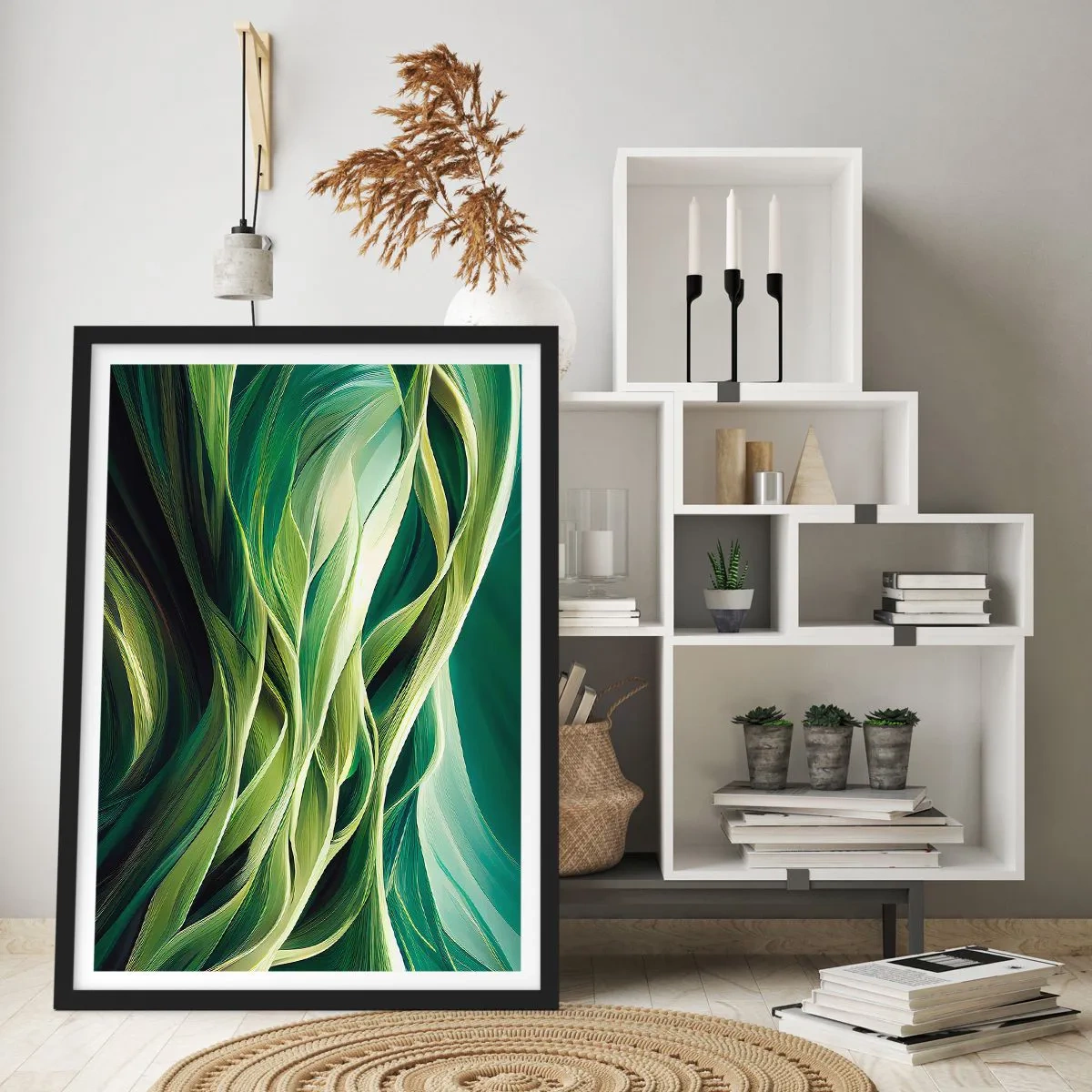 Affiche dans un cadre noir - Poster - Une composition abstraite de formes organiques et vertes. - 50x70cm - Jeu de vert abstrait - Décoration murale moderne pour le salon et la chambre ARTTOR