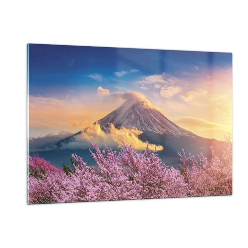 Impression sur verre - Image sur verre - Le mont Fuji en arrière-plan avec des sakura en fleurs au premier plan - 120x80cm - Sainteté japonaise - Décoration murale moderne pour le salon et la chambre ARTTOR