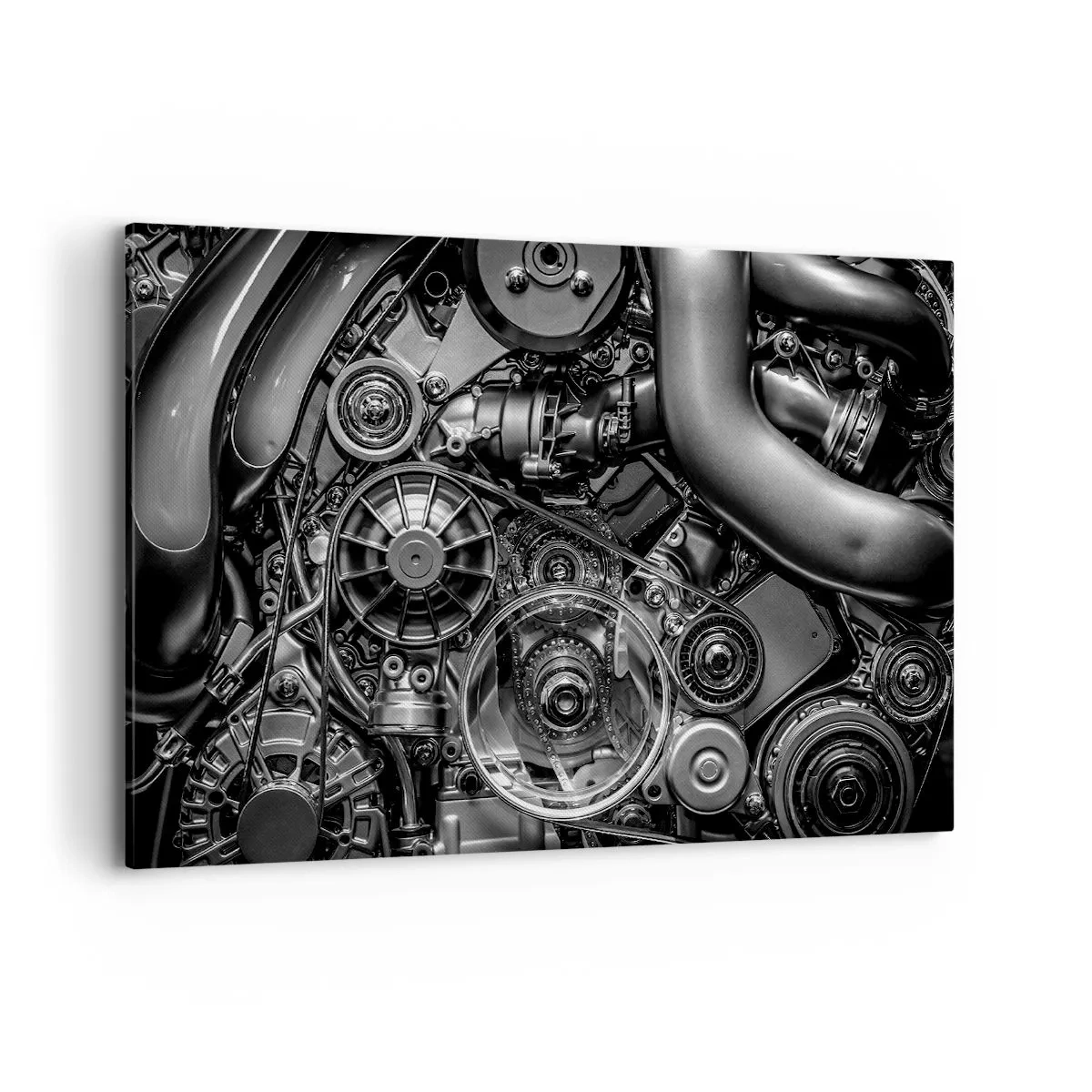 Impression sur toile - Image sur toile - Gros plan noir et blanc des détails mécaniques d'un moteur de voiture. - 120x80cm - Poésie mécanique - Décoration murale moderne pour le salon et la chambre ARTTOR