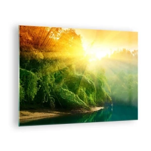 Impression sur verre - Image sur verre - Rayons de soleil sur la végétation verte au bord de la rivière - 70x50cm - Se noyer au soleil et à l'ombre - Décoration murale moderne pour le salon et la chambre ARTTOR