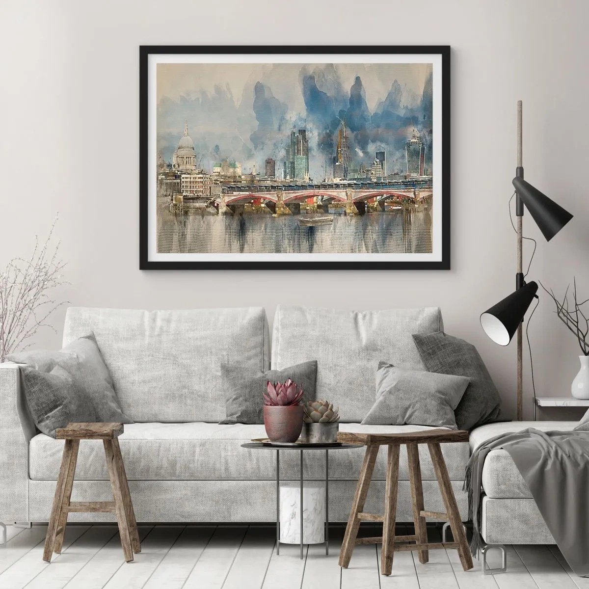 Affiche dans un cadre noir - Poster - Vue à l'aquarelle du pont et des toits de la ville - 70x50cm - Londres dans toute sa splendeur - Décoration murale moderne pour le salon et la chambre ARTTOR
