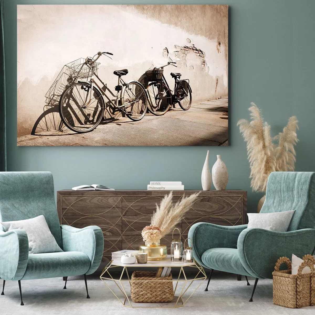 Impression sur toile - Image sur toile - Deux vélos appuyés contre un vieux mur de style rétro - 120x80cm - Le charme inoubliable du passé - Décoration murale moderne pour le salon et la chambre ARTTOR