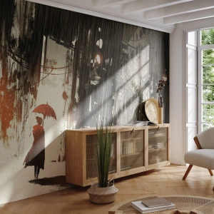 Papier peint sur mesure Autocollant Deluxe - La poésie du parapluie rouge - Ville, Femme, Architecture