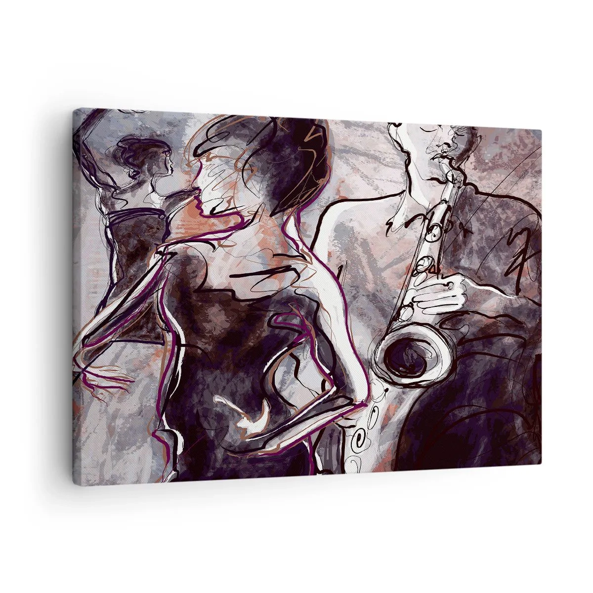Impression sur toile - Image sur toile - Scène de jazz abstraite avec un saxophoniste et une femme dansante. - 70x50cm - Ne faire qu'un avec la musique - Décoration murale moderne pour le salon et la chambre ARTTOR