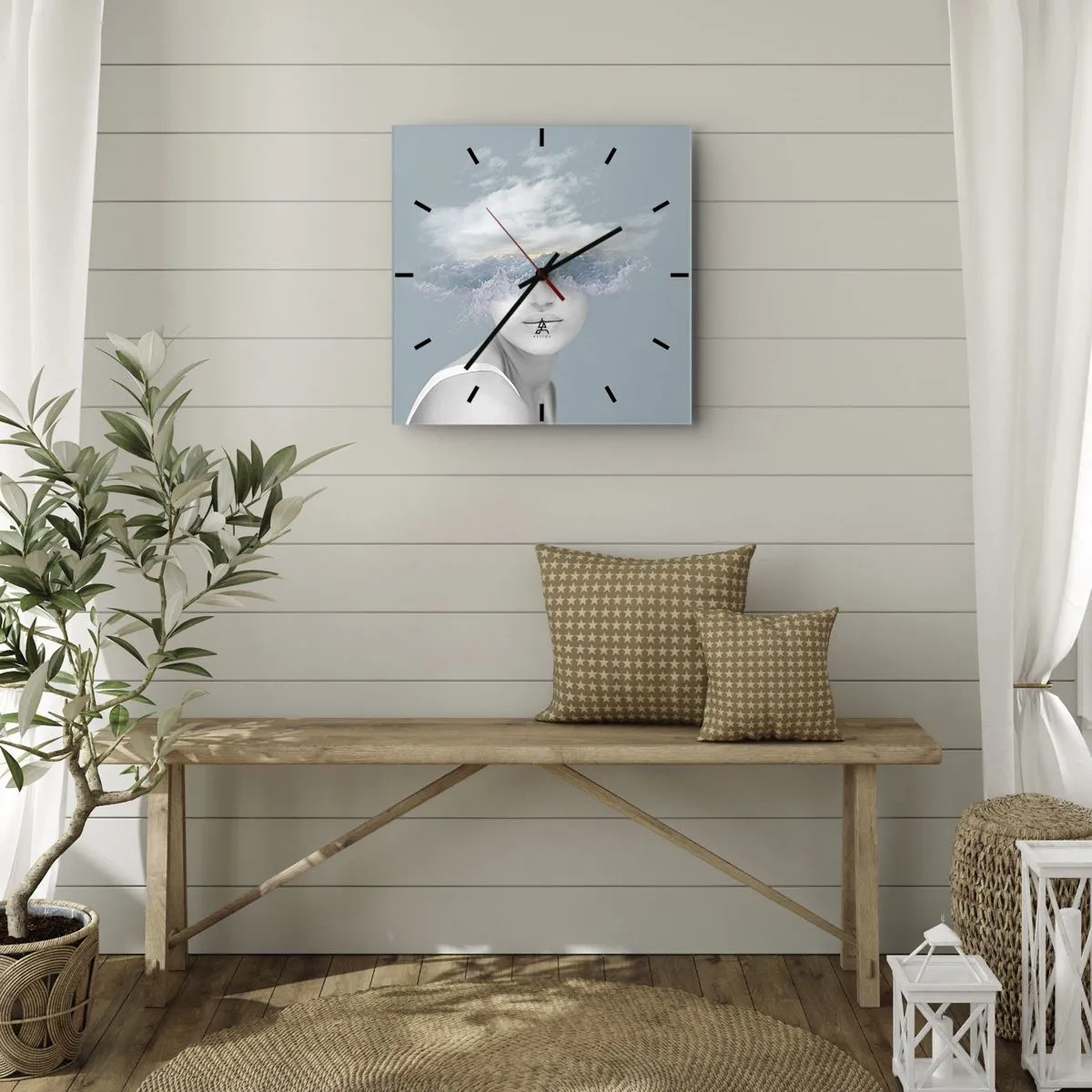 Horloge murale - Pendule murale - Portrait d'une femme avec son visage caché derrière les nuages et les vagues - 30x30cm - La tête dans les nuages - Décoration murale moderne pour le salon et la chambre ARTTOR