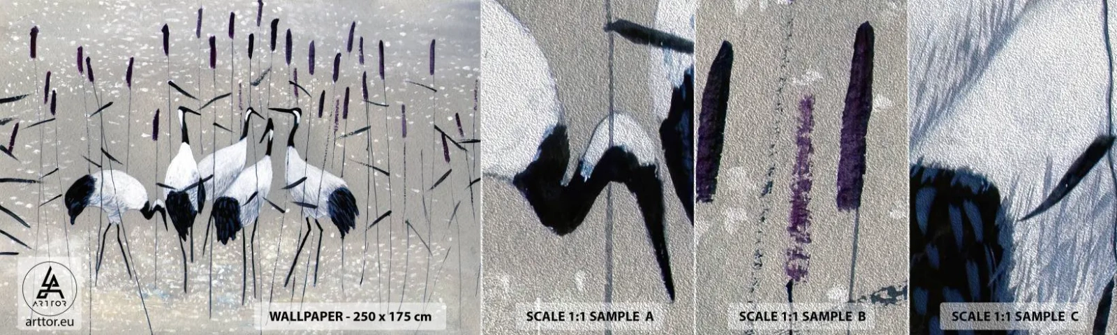 Échantillon de Papier Peint Premium Sand - Parmi les siens - Grue, Oiseau, Nature - 100x30 cm