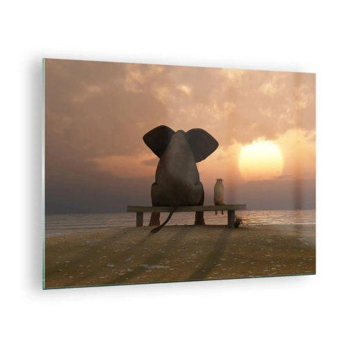 Impression sur verre - Image sur verre - Éléphant et chien sur un banc au coucher du soleil - 70x50cm - C'est bon de garder le silence ensemble - Décoration murale moderne pour le salon et la chambre ARTTOR