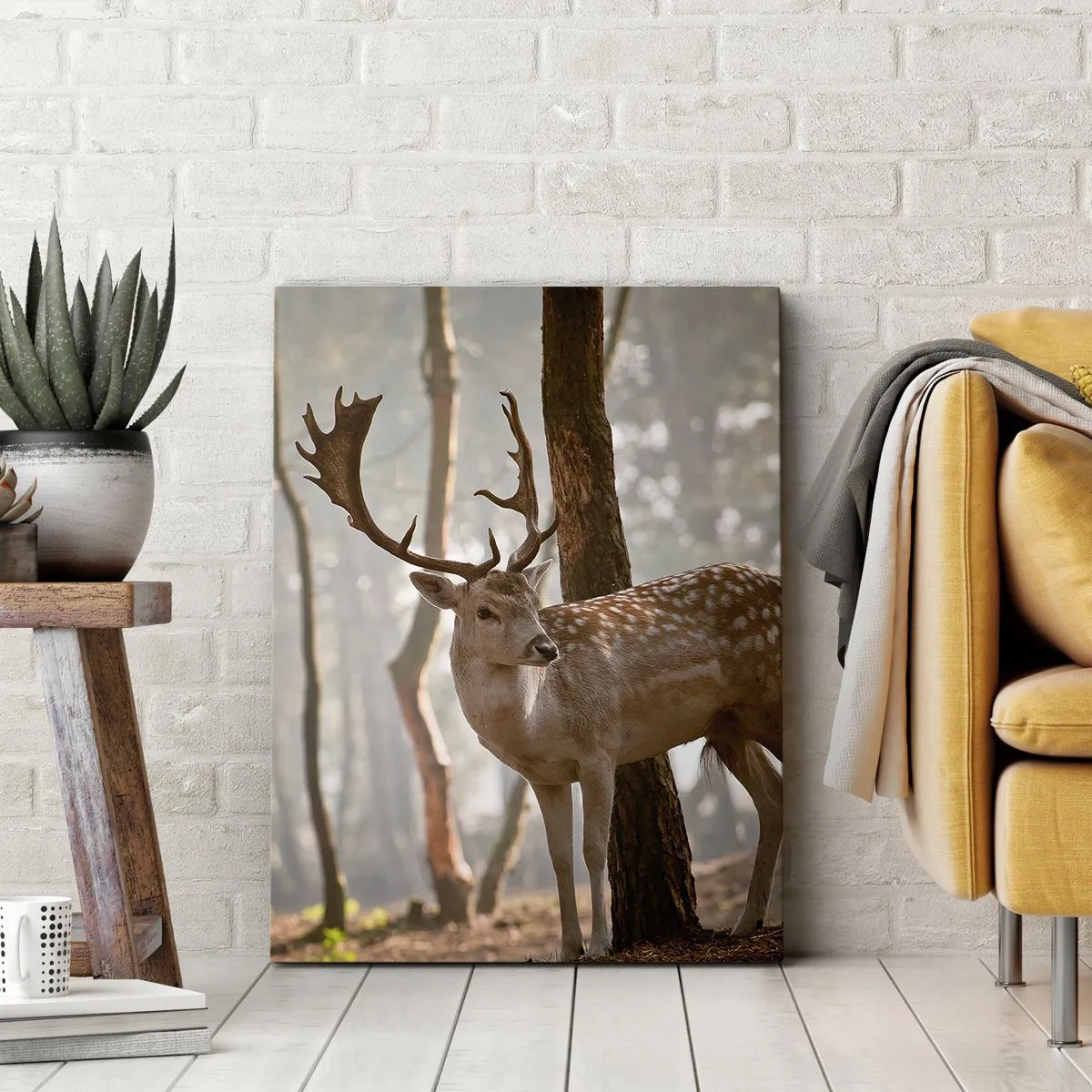 Impression sur toile - Image sur toile - Cerf dans la forêt dans le brouillard du matin - 80x120cm - La lumière de la jeunesse - Décoration murale moderne pour le salon et la chambre ARTTOR