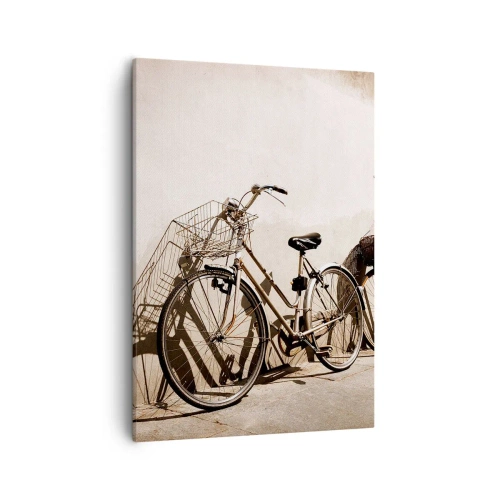 Impression sur toile - Image sur toile - Deux vélos appuyés contre un vieux mur de style rétro - 50x70cm - Le charme inoubliable du passé - Décoration murale moderne pour le salon et la chambre ARTTOR