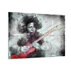 Impression sur verre - Image sur verre - Portrait artistique d'un musicien avec une guitare électrique - 100x70cm - Sur les vagues de la musique - Décoration murale moderne pour le salon et la chambre ARTTOR