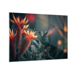 Impression sur verre - Image sur verre - Un colibri plane au-dessus de fleurs exotiques parmi les feuilles. - 70x50cm - une vie vraiment colorée - Décoration murale moderne pour le salon et la chambre ARTTOR