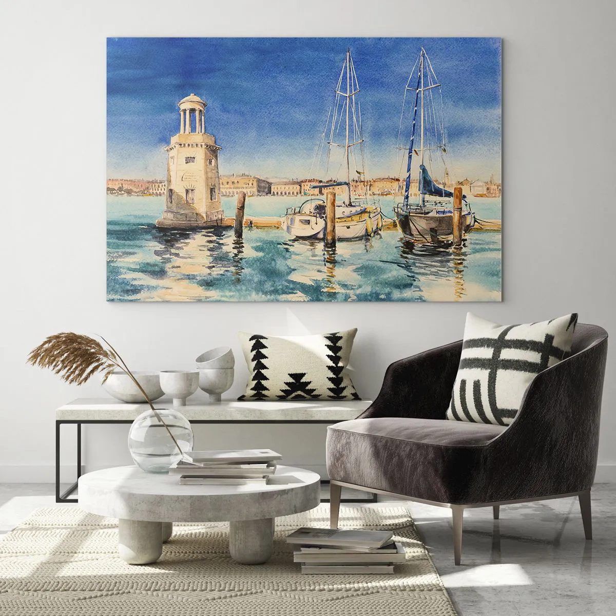 Impression sur verre - Image sur verre - Marina à l'aquarelle avec un phare et des yachts amarrés - 70x50cm - Lagune ensoleillée - Décoration murale moderne pour le salon et la chambre ARTTOR