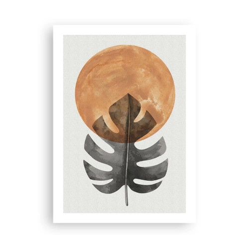 Affiche - Poster - Une feuille de monstera sur un cercle orange chaud - 50x70cm - Toujours le soleil - Décoration murale moderne pour le salon et la chambre ARTTOR