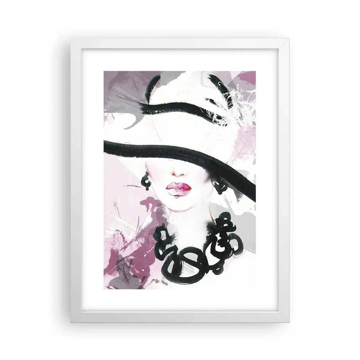 Affiche dans un cadre blanc - Poster - Portrait d'une dame en noir et rose - 30x40 cm