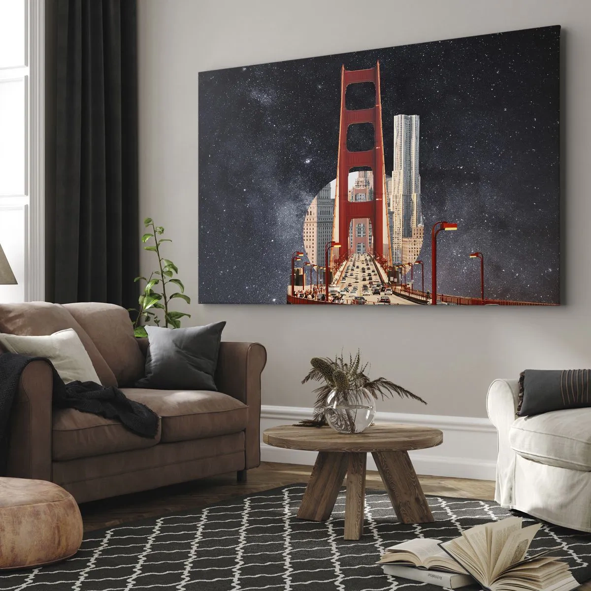 Impression sur toile - Image sur toile - Le Golden Gate Bridge avec la ville en arrière-plan contre un ciel étoilé - 70x50cm - Toujours au centre - Décoration murale moderne pour le salon et la chambre ARTTOR