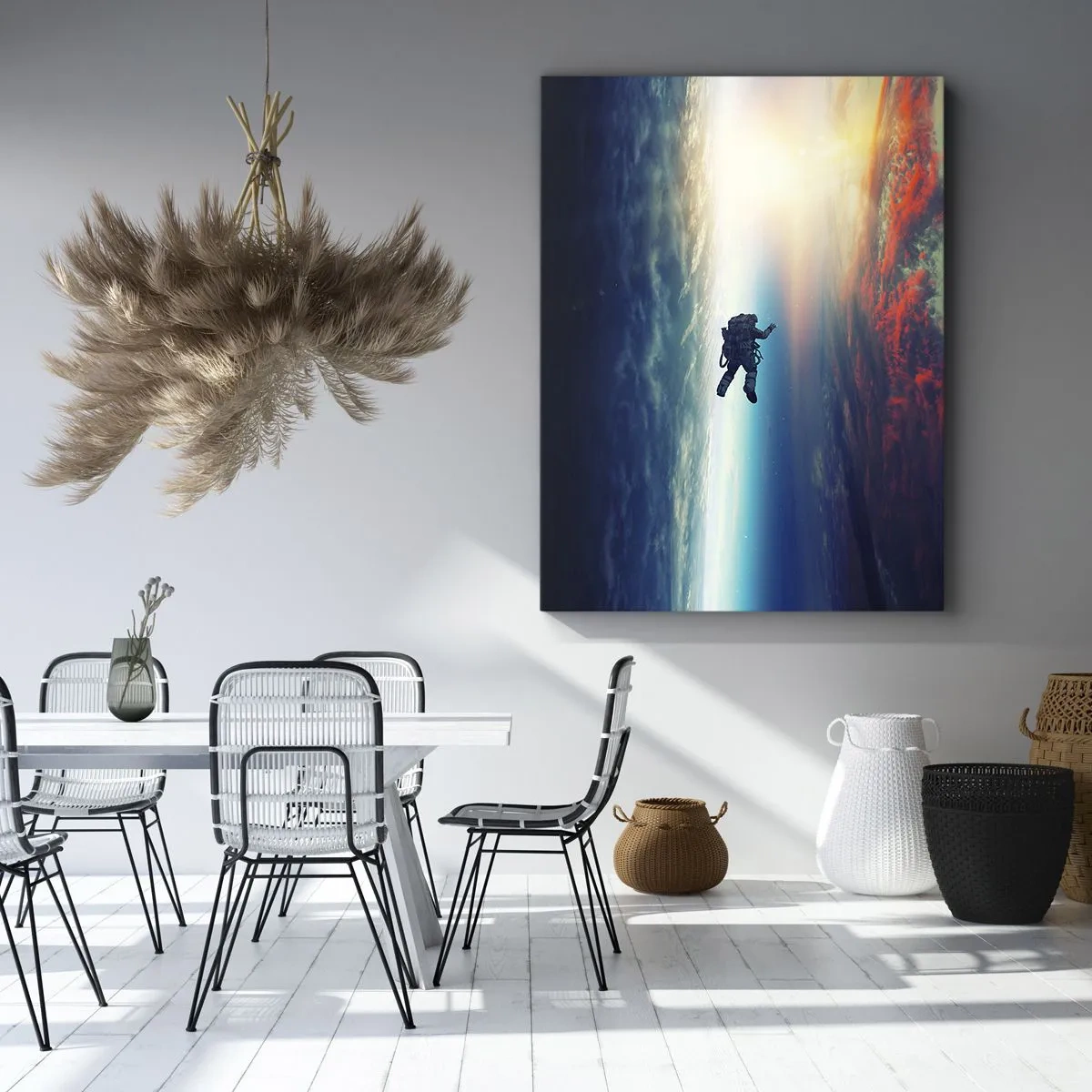 Impression sur toile - Image sur toile - Un astronaute flottant dans l'espace au-dessus d'une Terre colorée - 50x70cm - Affronter l'univers - Décoration murale moderne pour le salon et la chambre ARTTOR